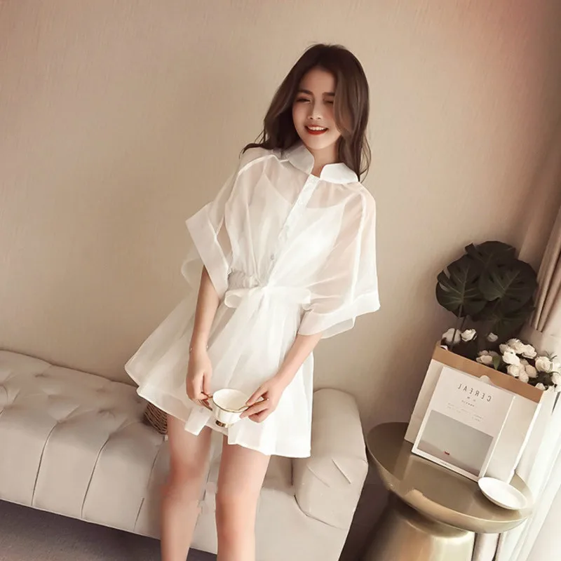 Vara Set de Două piese Rochie Mini Femeile coreean Scurt Maneca Stand Organza Curea Single-breasted Rochii T-shirt + Bumbac Cămașă de Bază