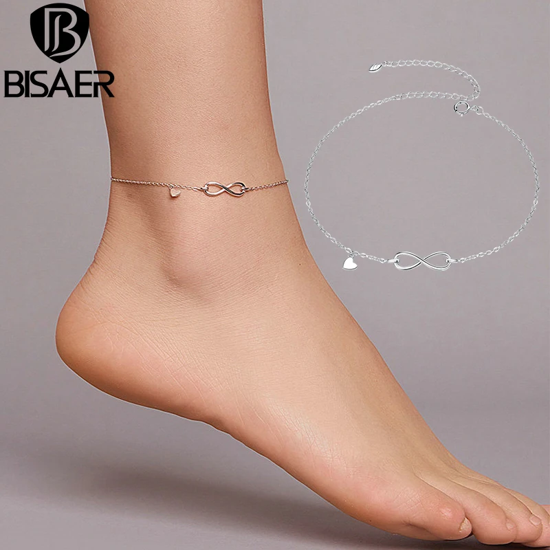 BISAER Bratari Argint 925 Infinită Dragoste Geometrice Inima Lanț Brățări Pentru Femei Picioarele Picior de Link-ul Lanț de Bijuterii Fine HST019