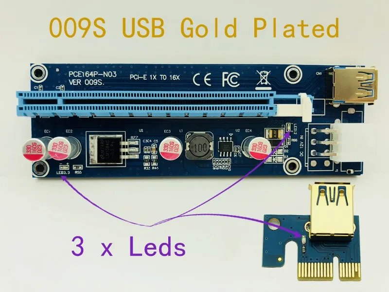 6pcs 009S Coloană 3 LED-uri de Aur, USB 3.0 PCI Express 1X, 4x, 8x, 16x Riser Card SATA la 6pini Cablu de Alimentare pentru BTC Miner Antminer Miniere