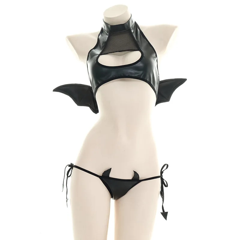 Jimiko Anime Kawaii Lenjerie De Cosplay Costum Diavol Set De Lenjerie Sexy Aripi De Piele Micro Bikini Deschis Sutien Cultură+Pantalon Sex Uniformă
