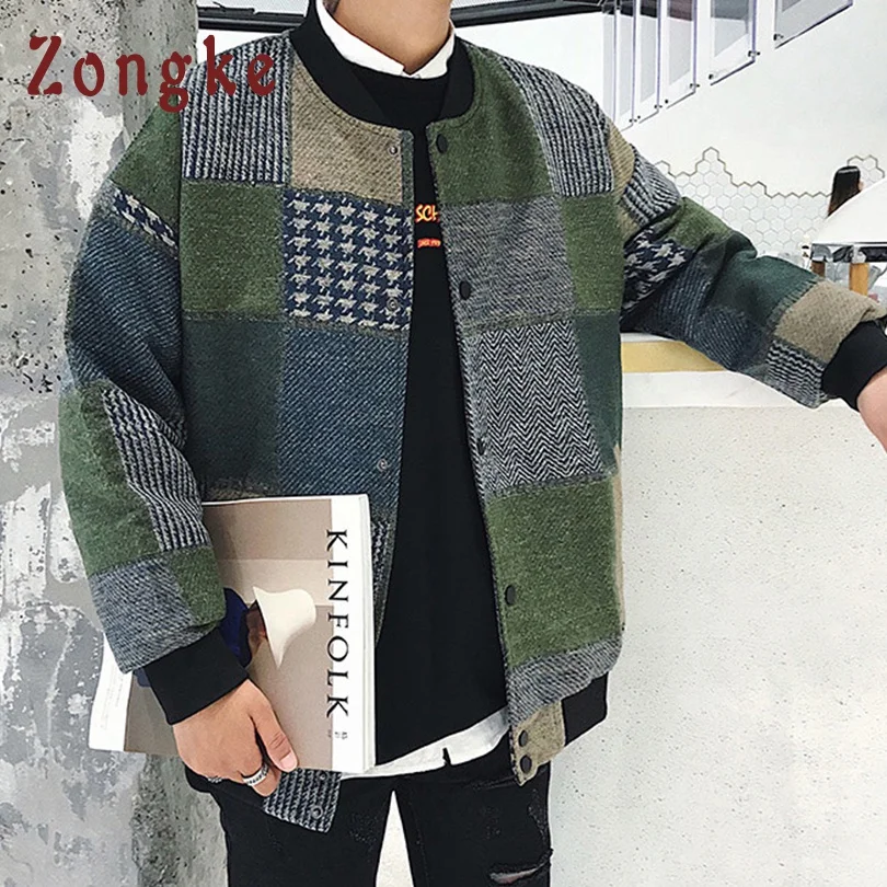 Zongke Lână Carouri Jacheta Bomber Barbati Moda Hip Hop Streetwear Jacheta de Iarna pentru Bărbați Haina pentru Bărbați Haina Jacheta 5XL 2021 Arc Nou