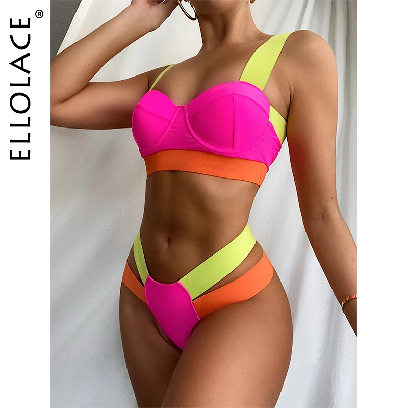 Ellolace Femei Costume de baie Sexy Costume de baie Mozaic Bikini 2020 Femeie Împinge în sus Biquini Neon Bikini de costume de Baie Costume de Baie 2021