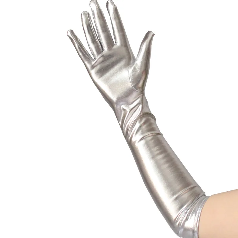 Femei Sexy Cot Lungime Mănuși De Latex Auriu Argintiu Aspect Umed Piele Fals Metalic Mănuși De Petrecere De Seara De Performanță Manusi