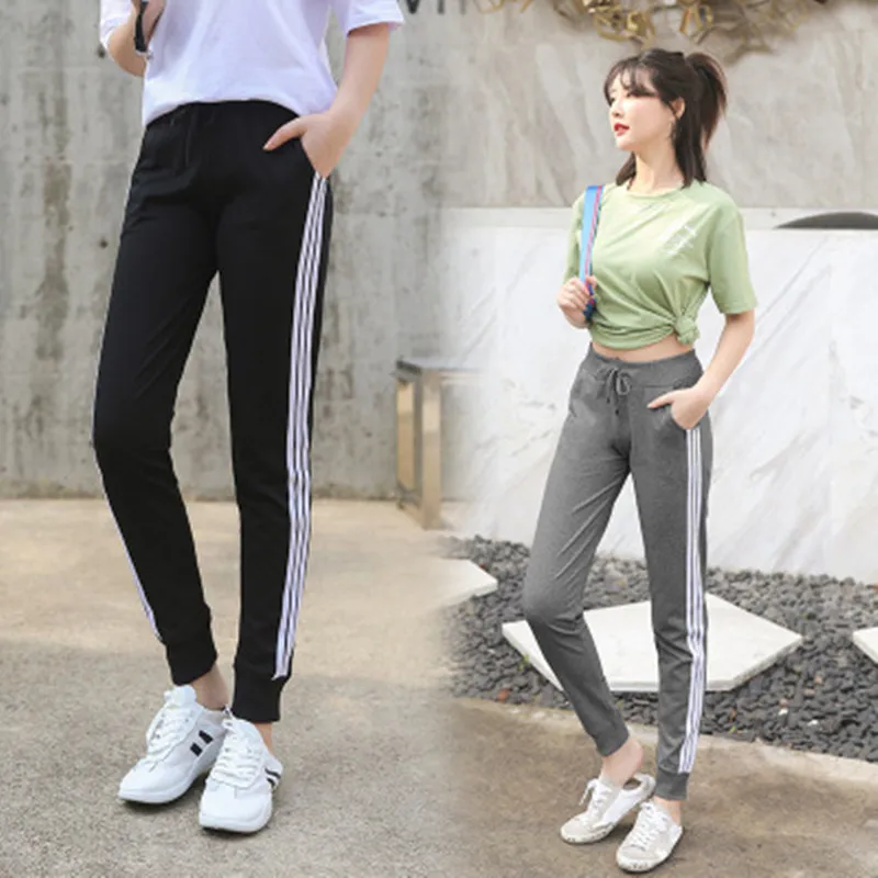 Primăvara și toamna lateral cu dungi pantaloni sport de înaltă talie pantaloni pentru femei pantaloni cu dantele elastic pantaloni casual plus dimensiune la modă