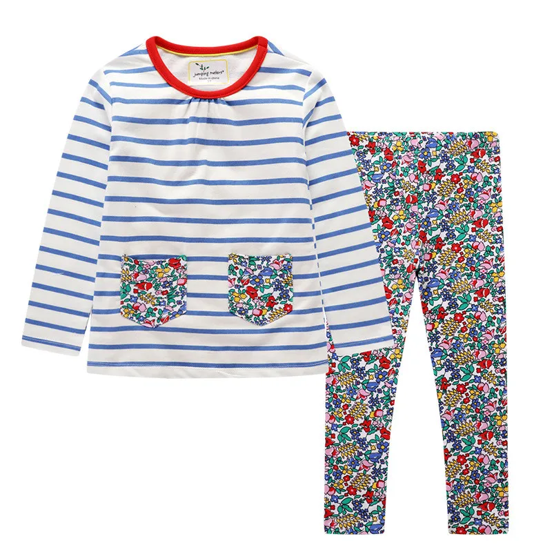 Sărituri de Metri de Noi Fete Bumbac Floral Maneca Lunga Seturi de Îmbrăcăminte Stripe pentru Copii Tinutele pentru Toamna Primavara pentru Copii Floare Copilul se Potriveste