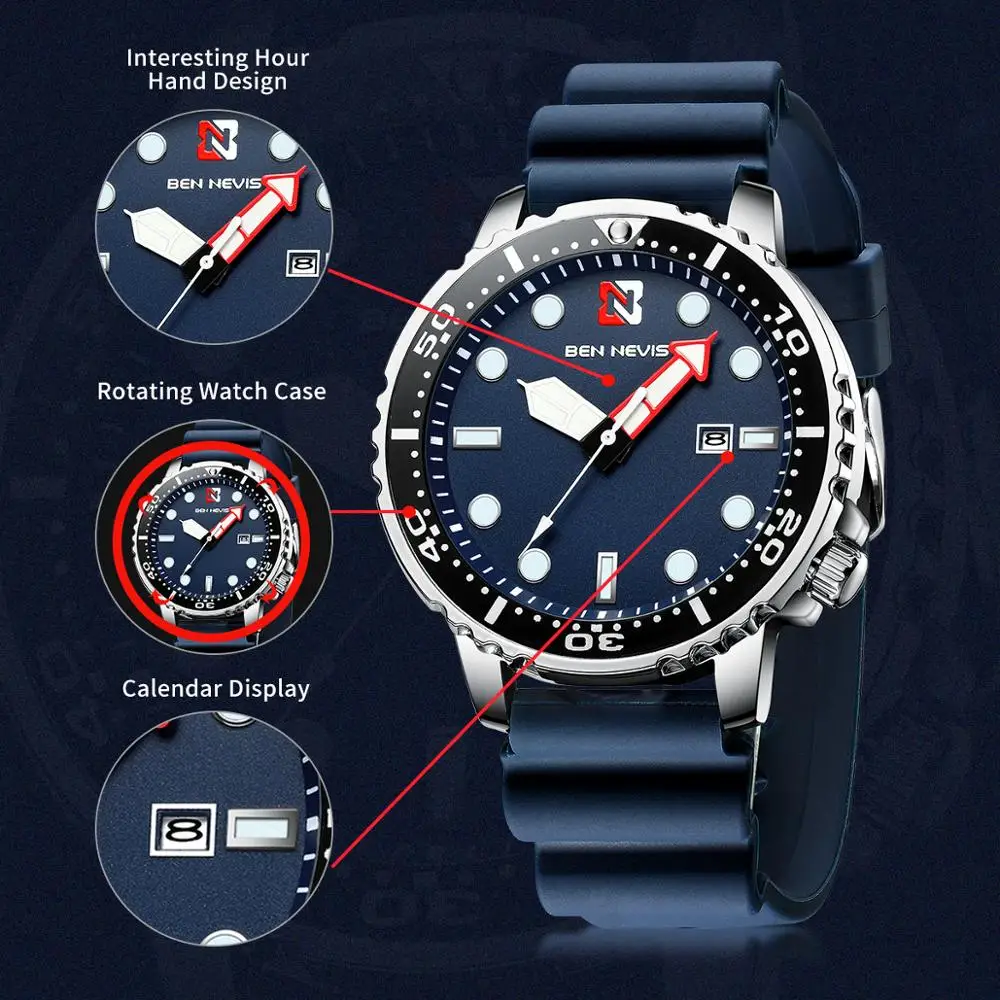 Ben Nevis Bărbați Ceasuri de Moda Analog Cuarț Ceas Cu Data Militare Impermeabil Ceas Silicon Curea de Cauciuc Ceas de mână De Om