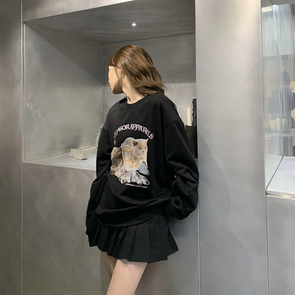 Femeile 2021 Moda Supradimensionate Fleece Cat De Imprimare Tricouri Vintage Maneca Lunga Cald Feminin Pulovere Topuri Chic