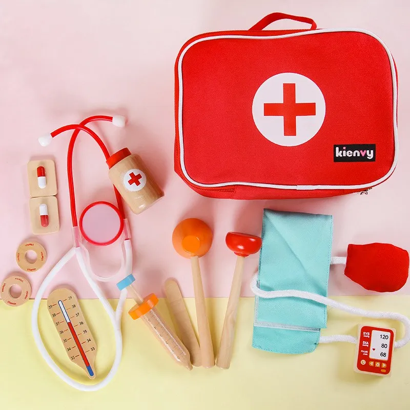 Copilul Roșu Pretinde Joaca Din Lemn Jucarii Medic Trusă Medicală De Medicina Seturi De Cutie Sac De Pânză De Împachetat Cadou Pentru Copii, Jocuri