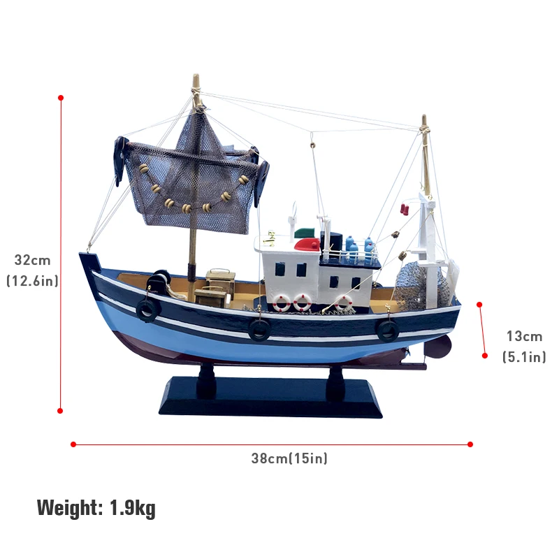 LUCKK 38CM Albastru barca de Pescuit Model de Artizanat din Lemn Nautice Model Retro Model de Navă din Lemn cu vele Pentru Jucarii si Cadouri Decor Acasă 2257-38