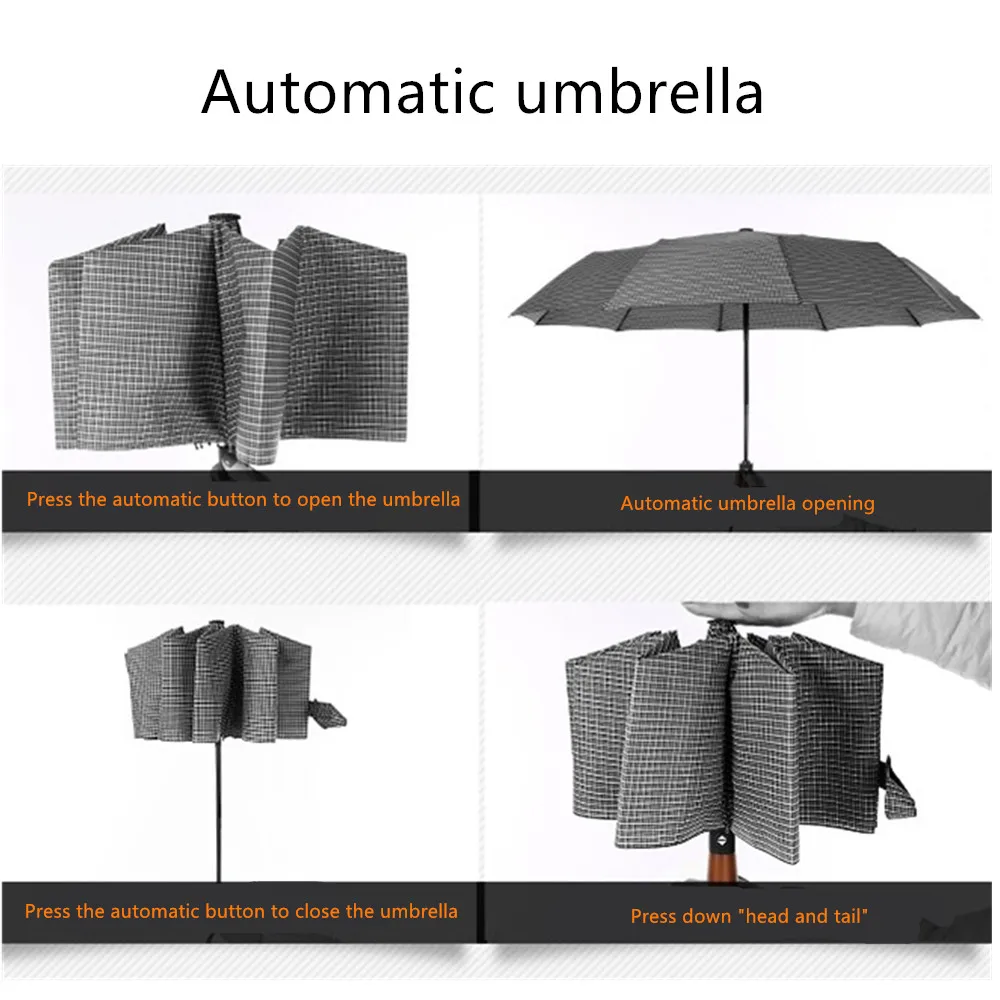 Zece os zăbrele umbrela de trei ori automat de pliere umbrela de afaceri de sex masculin din lemn masiv cu dungi de afaceri umbrelă umbrelă Mare
