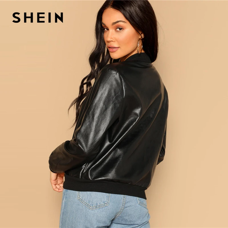 SHEIN Negru Zip Up Faux Leather Bomber Geaca Casual Stand Guler Buzunar Simplu Îmbrăcăminte exterioară 2019 Femei Streetwear Ies Straturi
