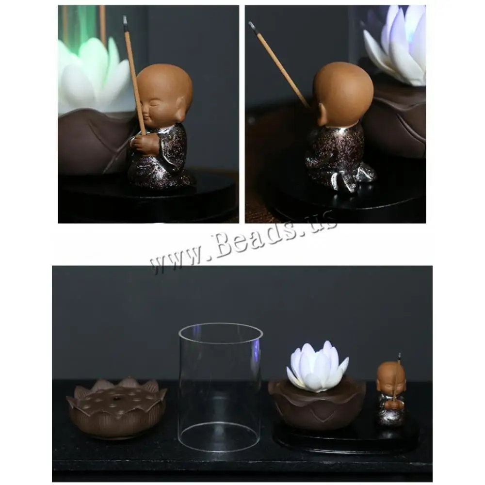 Lotus Refluxul Arzător De Tămâie Cu Capac De Sticlă-Ceramică De Fum Cascada Călugărul Tămâie Stick Titular Cu Lumina Led-Uri Cadou De 20 De Con