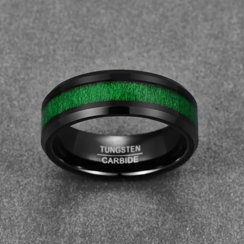 2018 Epocă Latime 8mm bărbați bijuterii inele cu linie verde Încrustat Arțar prin Galvanizare Negru Tungsten Inel din Otel de vanzare