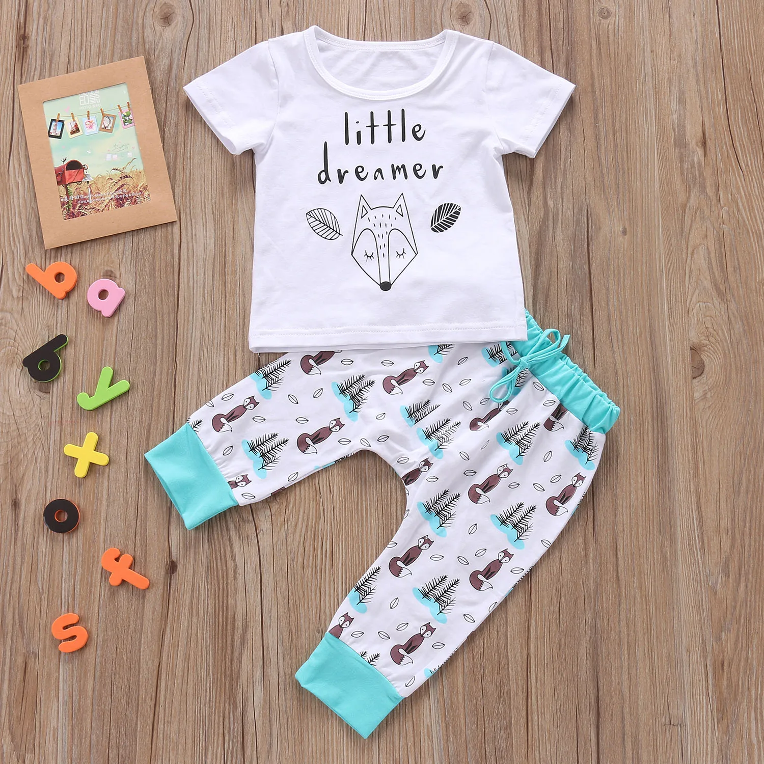 Copil copil Copil Copil Nou-născut Băiat Haine de Fata Set Minunat Fox Model cu Maneci Scurte T-shirt, Pantaloni de Bumbac Moale Tinutele 2 buc
