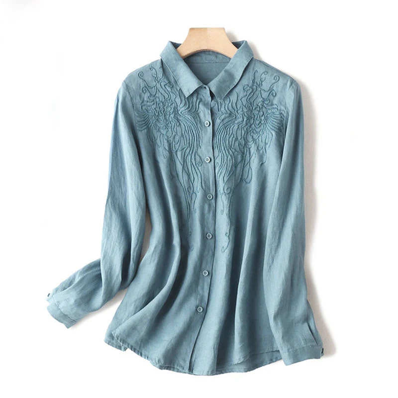 Lenjerie din Bumbac Camasa Femei, Plus dimensiune Îmbrăcăminte Brodate Bluza Buton-up Long sleeve Top Femei Albe Doamne de Birou Casual