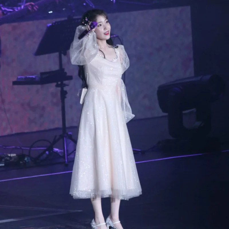 Kpop UI Lee Ji Eun primăvară Plasă de puf mâneci talie temperament femei rochie de petrecere de Seara elegante, Simple doamna de Moda rochii lungi