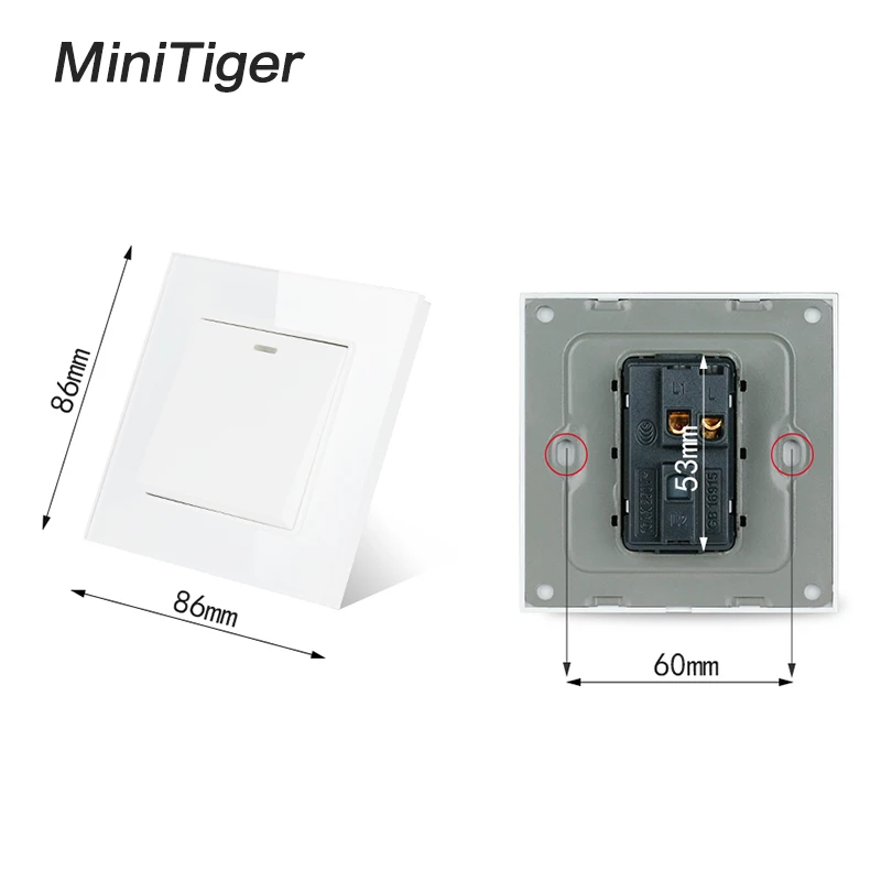 Minitiger Alb de Lux Cristal Geam Panou 1 Banda 1 Modul de Perete de Lumină Buton Comutator On / Off, Comutator de Perete 16A 250V AC