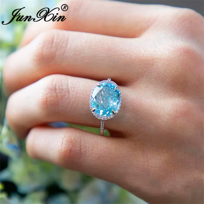 JUNXIN Tăiat Oval Albastru Aqua Cristal Inel Minimalist Singură Piatră Inele de Nunta Pentru Femei Promit Inel de Logodna Bijuterii