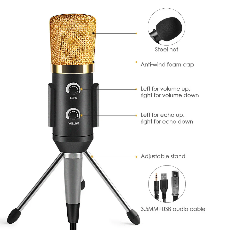 MK F100TL USB Condensator Înregistrare Sunet Microfon Cu Stand Studio Profesional cu Fir Skype Calculator Kareoke Microfon
