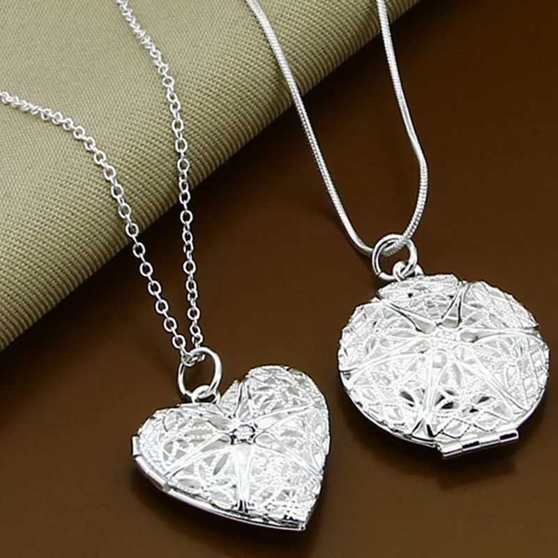 2 Buc Argint 925 Coliere Lanț Pentru Femei Inima/Rotund Rama Foto Bărbați Pandantiv Colier Moda Bijuterii