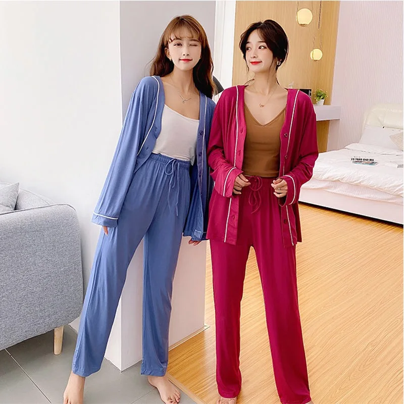 Primavara Toamna Femei Pijama Set Culoare Solidă Modal Sleepwear Set 2 buc Maneca Lunga +Pantaloni Plus Dimensiune Casual Homewear