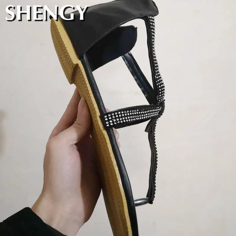 SHENGY Femei Vara Sandale de Doamnelor de Agrement Cristal Bling Plat Încălțăminte Gol Gladiator Sandale cu Fermoar Dantela Sus Pantofi Moi