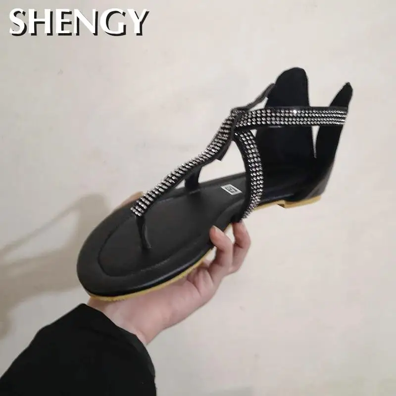 SHENGY Femei Vara Sandale de Doamnelor de Agrement Cristal Bling Plat Încălțăminte Gol Gladiator Sandale cu Fermoar Dantela Sus Pantofi Moi