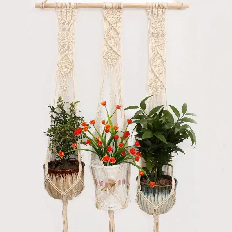 Plante Macrame Cuier Interioară În Aer Liber De Mână Tricot Agățat De Plantat Băț De Lemn Coș De Arta De Perete