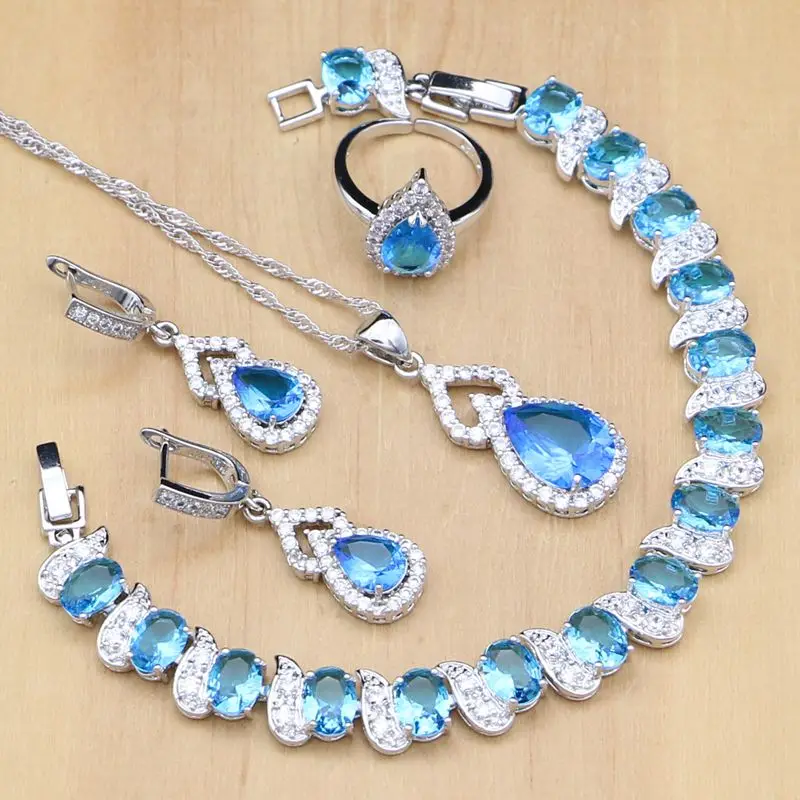 Sky Blue Zircon Alb Cristal Argint 925 Seturi De Bijuterii Pentru Mirese Femei Deschisă Inele/Cercei/Pandantiv/Bratara/Colier Set