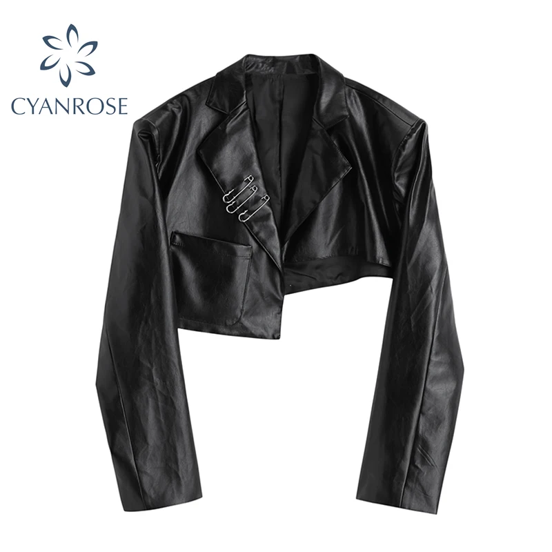 PU negru din Piele Jacheta de Cultură Stradă Purta Stilul Punk, pentru Femei haină Lungă Maneca de Turn-Down Motociclist de Epocă Sacou Scurt 2020 Moda