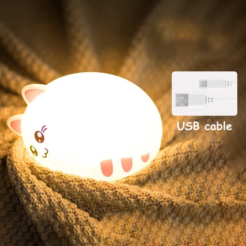 Încărcare USB silicon LED-uri de desene animate pisica drăguț animal lumina de noapte dormitor copil de respirație 7 culoare lumina de noapte pentru copii cadou de ziua de nastere