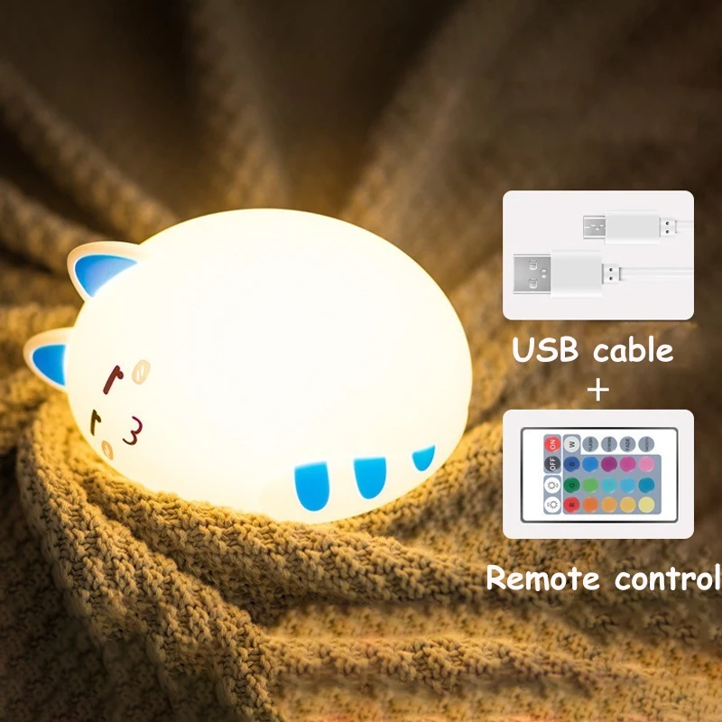 Încărcare USB silicon LED-uri de desene animate pisica drăguț animal lumina de noapte dormitor copil de respirație 7 culoare lumina de noapte pentru copii cadou de ziua de nastere
