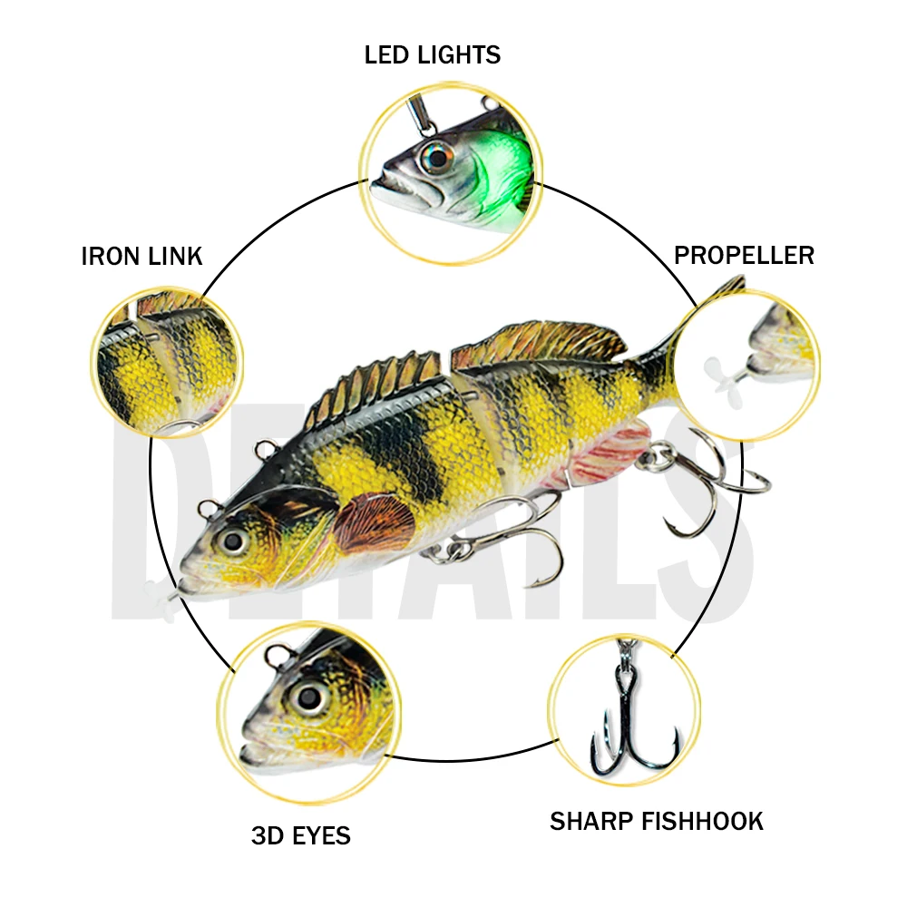 Robotic Multi Dinti Momeala Electric Atrage Bass Woblere De Lumină Led Pentru 4 Segement De Pescuit Swimbait Artificiale Greu Reîncărcabilă