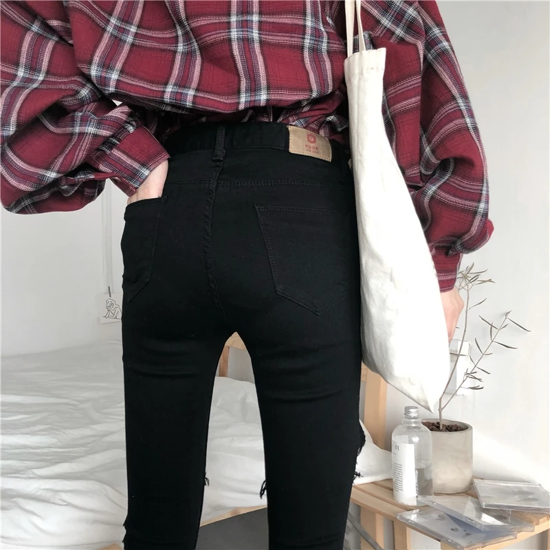 2020 toamna stil coreean de sex feminin negru glezna-lungime pantaloni cu nasturi blugi pentru femei cu găuri mari pantaloni casual