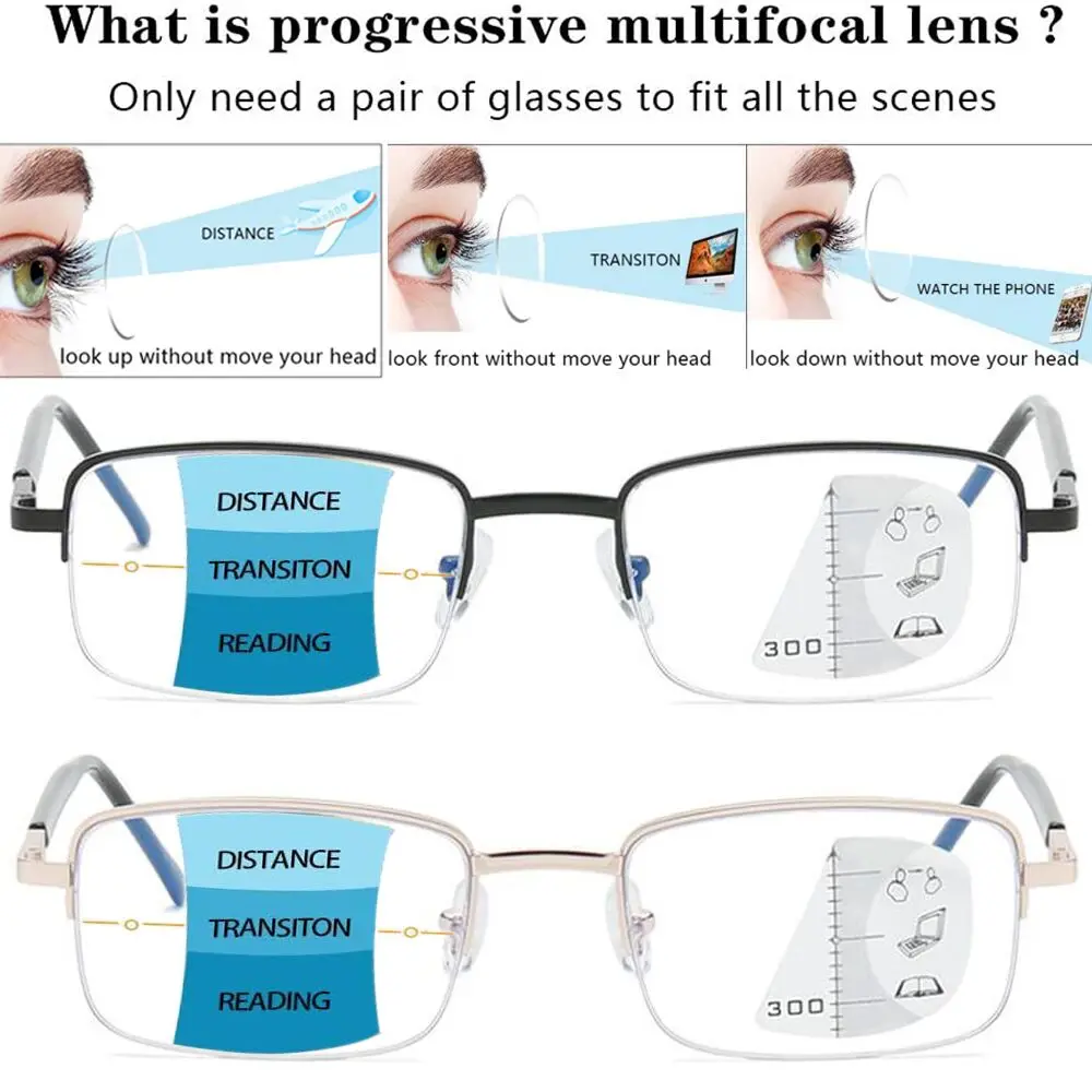 Cele Mai Noi Multifocale Bifocale Ochelari De Citit Progresivă De Mărire Anti Blue Light Prezbiopie Bărbați Femei Jumătate Cadru Arc Balama