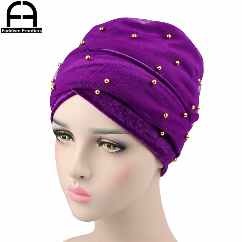Femei De Moda De Catifea Turban Ochiuri Lungi Trupa Gold Pearl Turban De Catifea Banda Chimioterapie Articole Pentru Acoperirea Capului Hijab Turbante Accesorii De Par