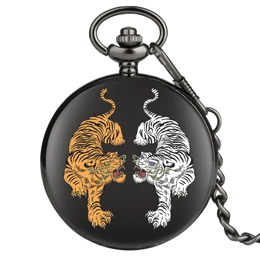 Galben Alb Dublu Tigru Ceas de Buzunar Roman Numerele Negru Cuarț Ceasuri de Buzunar Steampunk Bărbați Ceas Unic de Cadouri pentru Barbati, Femei