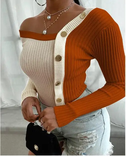 Femei Pulovere la Modă Sexy Tricot cu Nervuri de Sus Solidă Maneca Lunga Puloverul Strapless Butonul de Decor Pulover Viața de zi cu Zi