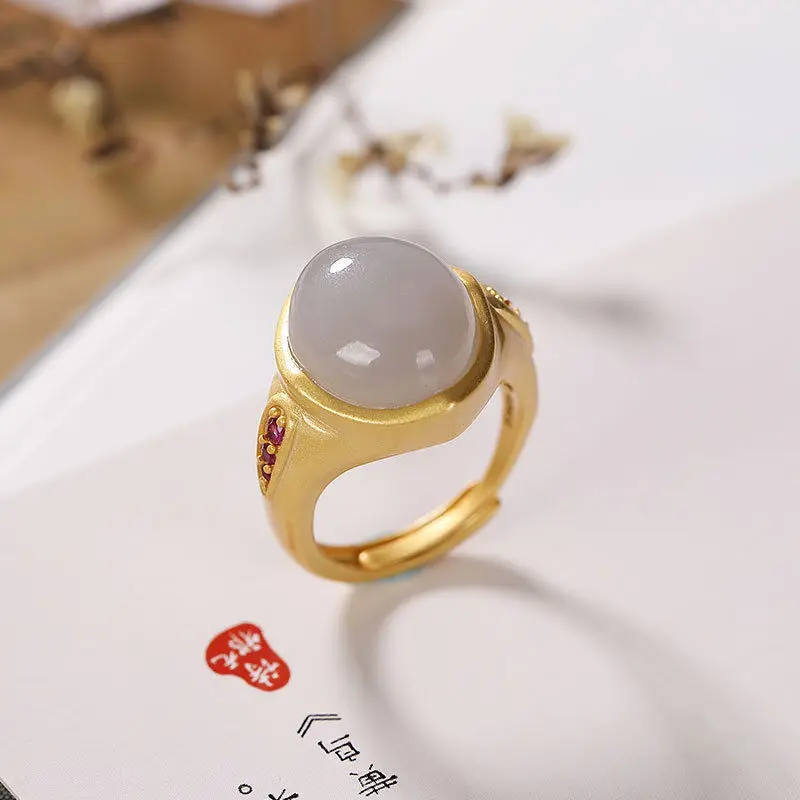 Original Nou de argint încrustat naturale Hetian Calcedonie alb deschidere inel reglabil Chineză stil retro fermecătoare femei bijuterii