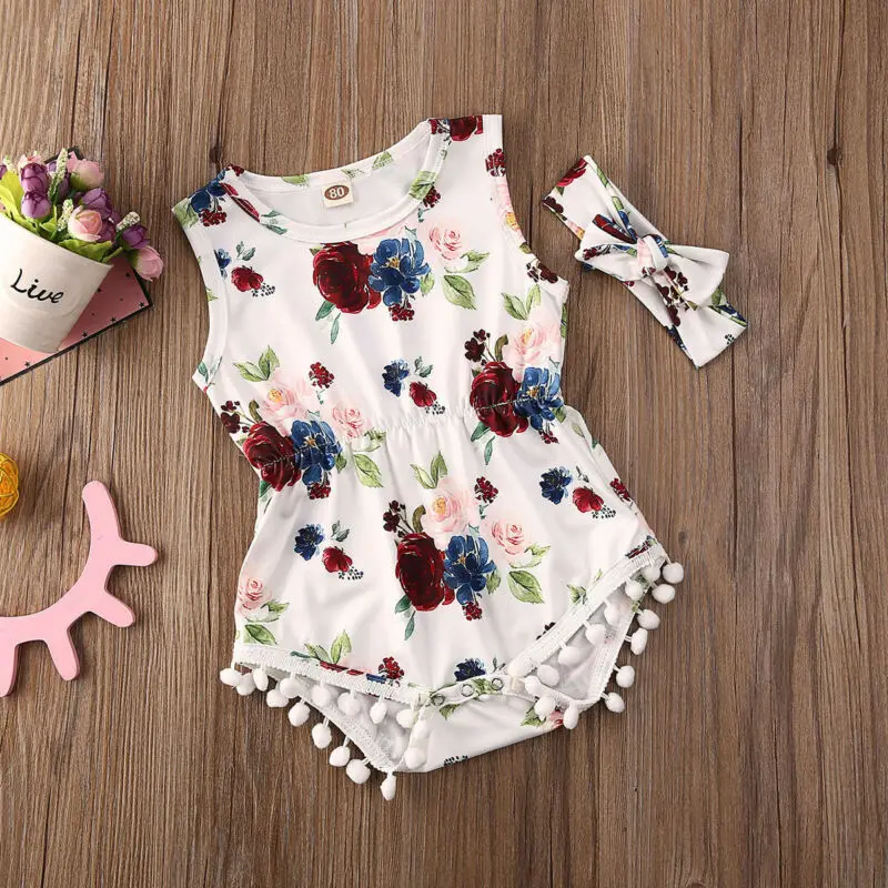 Nou-Născut Copilul Fete Body Fără Mâneci Ciucuri Florale Costume Bentita Costume De Haine De Vară