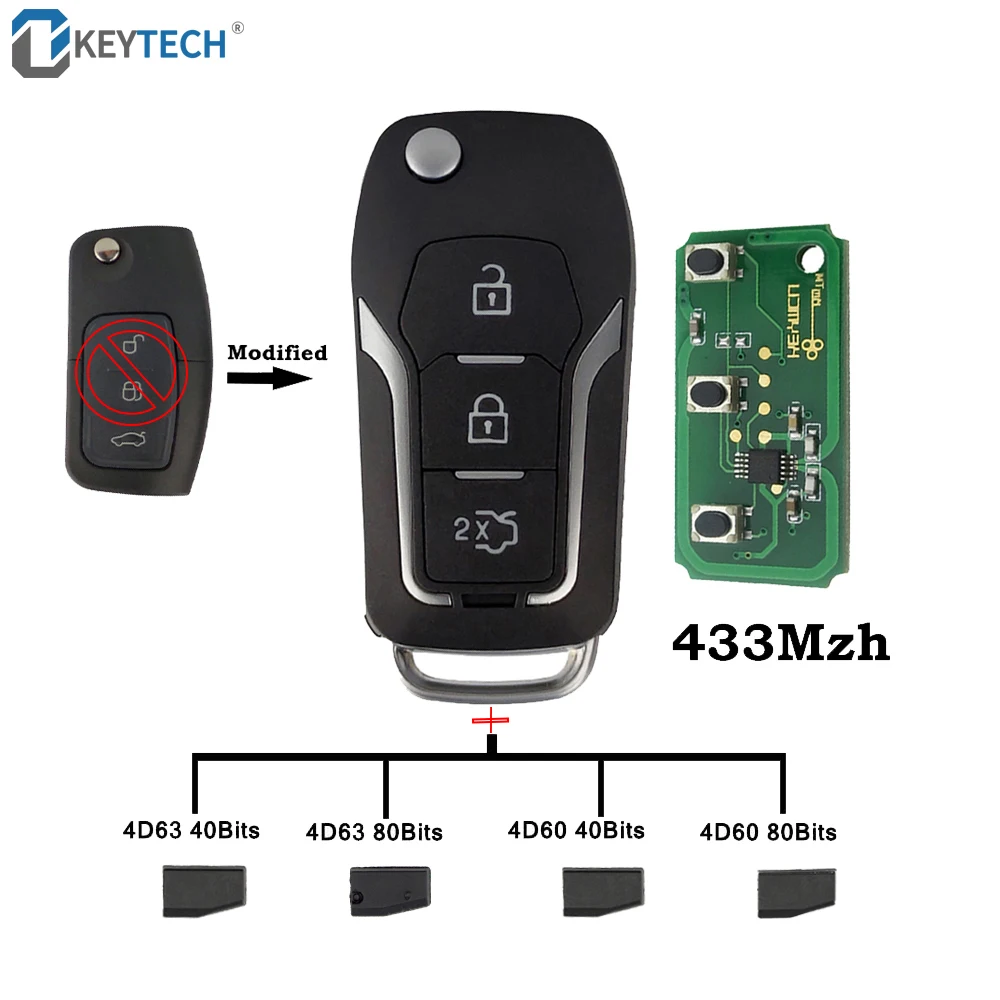 OkeyTech 3 butoane 433MHz Modificat Flip Pliere Mașină de la Distanță cheie Complet Pentru Ford Focus 2 3 mondeo Fiesta HU100 Lama 4D60 4D63 Cip