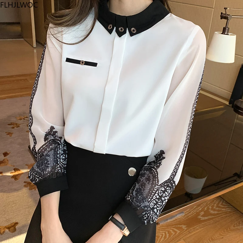Fierbinte De Vânzare Fenimine Elegante, Topuri De Moda Pentru Femei Cu Maneci Lungi Mozaic Negru Dantelă Albă Solidă Birou Doamnă Tricouri Bluze D1465