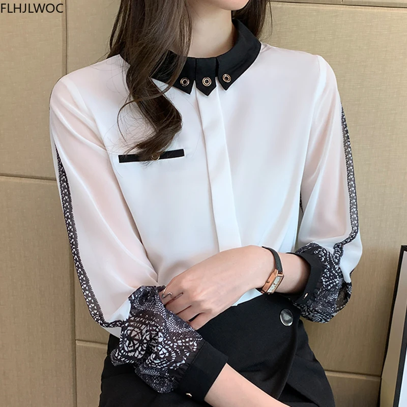 Fierbinte De Vânzare Fenimine Elegante, Topuri De Moda Pentru Femei Cu Maneci Lungi Mozaic Negru Dantelă Albă Solidă Birou Doamnă Tricouri Bluze D1465