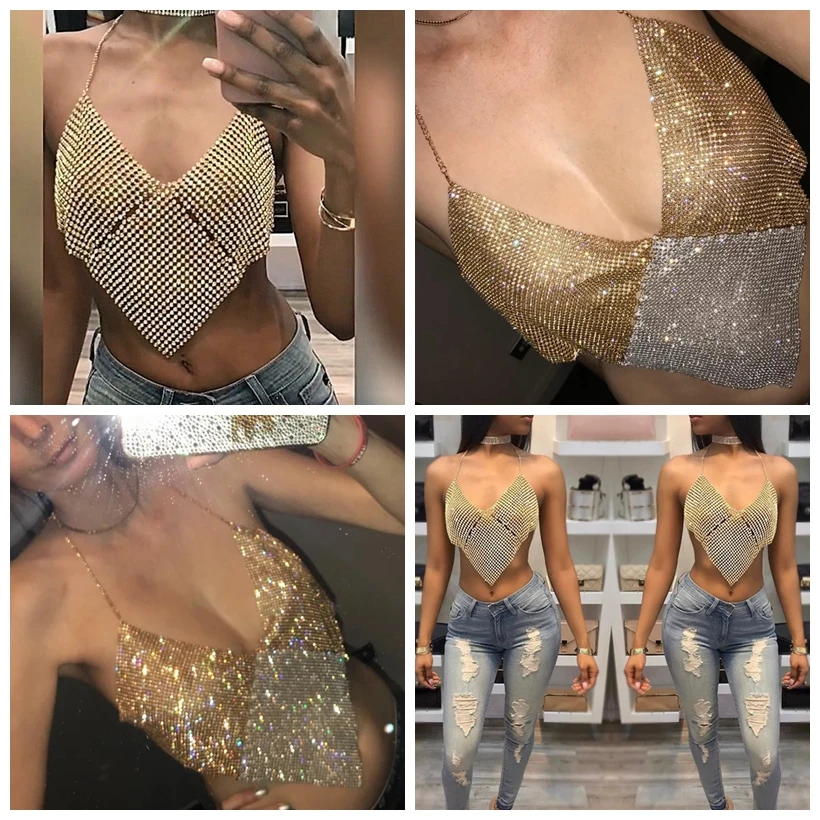 Sclipici ștreangul de pietre crop top pentru femei camis Plaja backless metal sequin vara sexy Club diamante Petrecere topuri rezervor