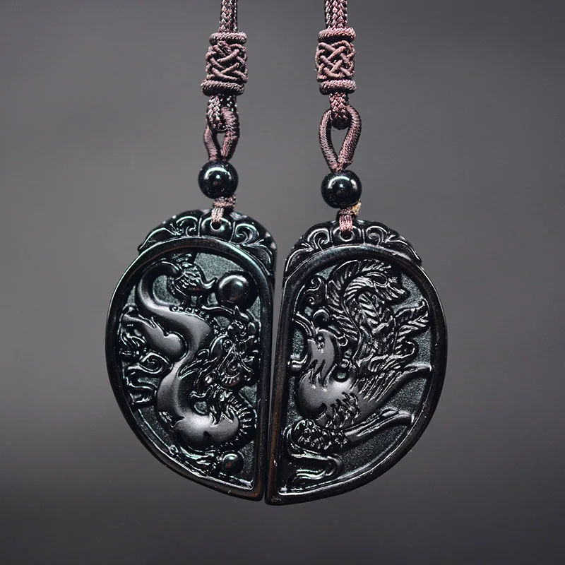 1 Set Obsidian Sculptură Dragon și Phoenix Colier Pandantiv YIN YANG Pandantiv Colier Obsidian Norocos Pandantive