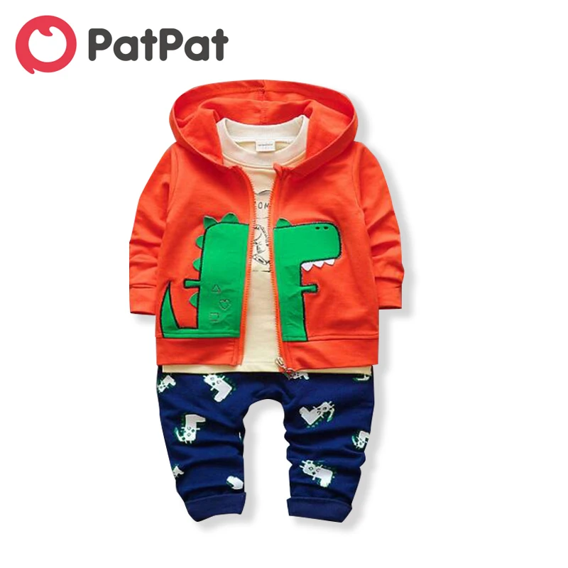 PatPat 2020 Nouă de Primăvară și de Toamnă 3-piesă de copii / Copil Minunat Dino Imprimare cu Gluga si maneca Lunga-Tricou cu Pantaloni Set