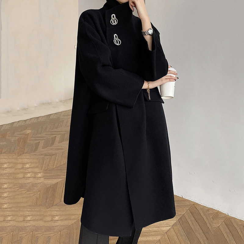 [MEM] Vrac se Potrivi butonul Negru de Lână Groasă Haină Hanorace Costum Nou de Guler Maneca Lunga Femei Mareea Moda Toamna Iarna 2021 1DD3048