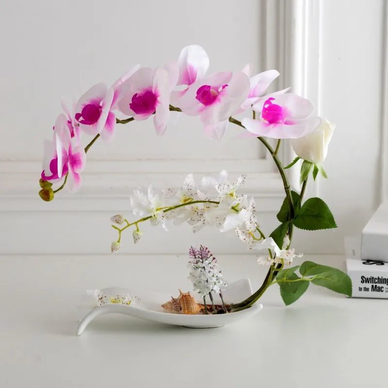 Fluture Orhidee, Flori Artificiale Set De Fals Flori Vaze Ceramice Ornament Phalaenopsis Figurina Mobilier Acasă Decorare Ambarcațiuni
