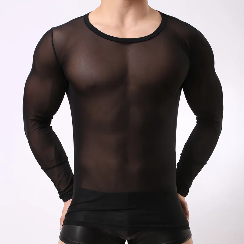 Sexy Men 's Plasă Transparentă Topuri cu Maneci Lungi Gay Club de Noapte, îmbrăcăminte de Tifon Dresuri Tricouri Alb-Negru Vedea Prin Maieu