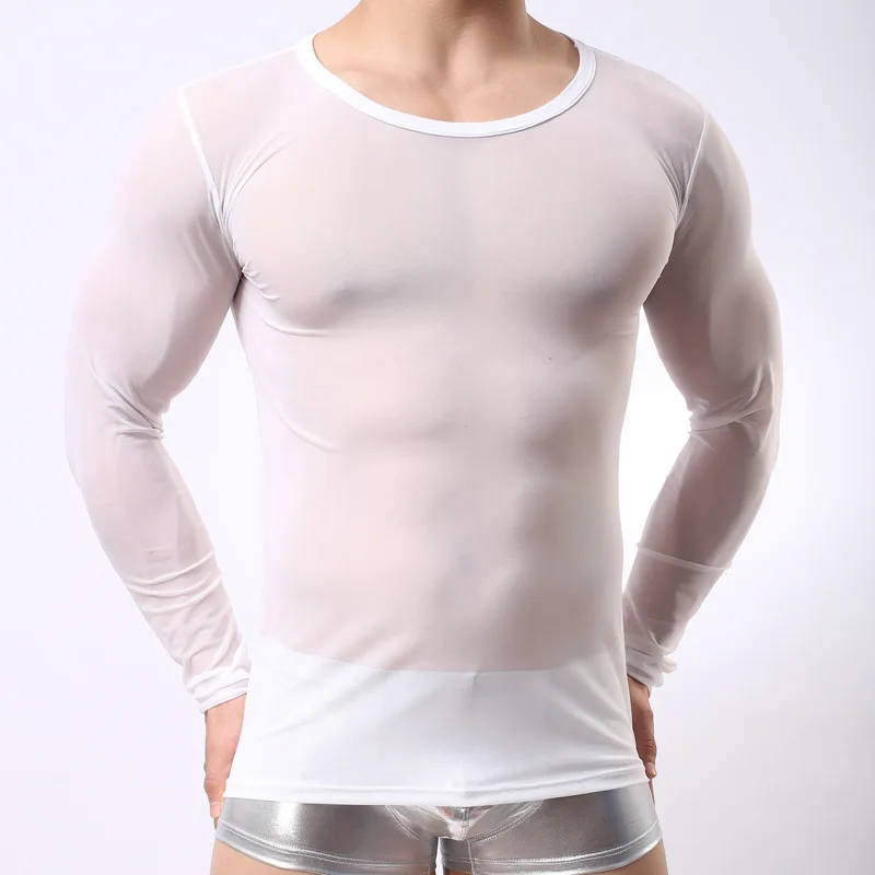 Sexy Men 's Plasă Transparentă Topuri cu Maneci Lungi Gay Club de Noapte, îmbrăcăminte de Tifon Dresuri Tricouri Alb-Negru Vedea Prin Maieu